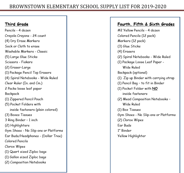 3rd-6th 2019-2020 School Supplies 