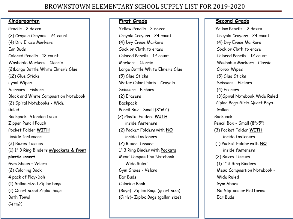 K-2nd 2019-2020 School Supplies 